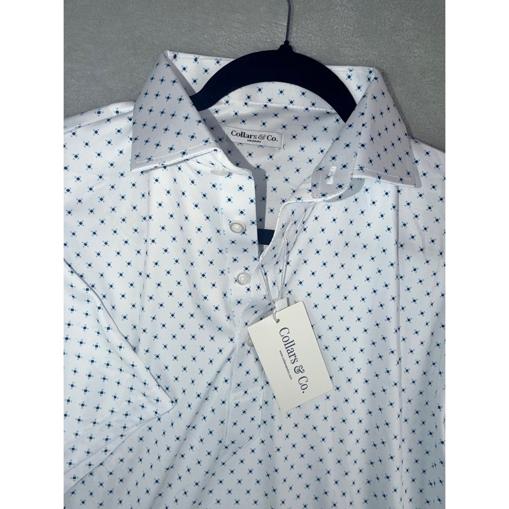 Collars & Co Mens Medium Dress Collar Polo Shirt White Blue Geometric Diamond